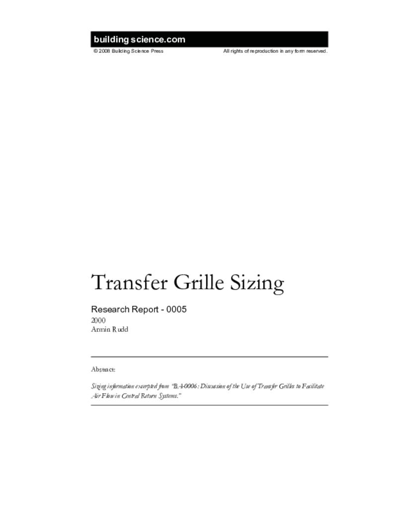 Rr 0005 Transfer Grille Sizing Building Science Corporation